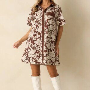 Right Where I Belong Brown Multi Floral Print Mini Shirt Dress